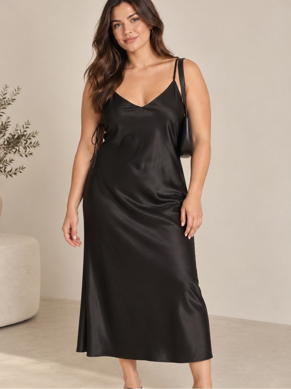 House of Harlow 1960 Black Satin Slip Midi Dress